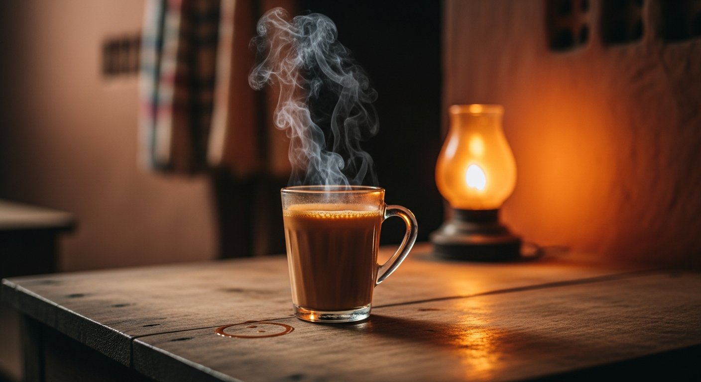 Steaming cup of milk tea